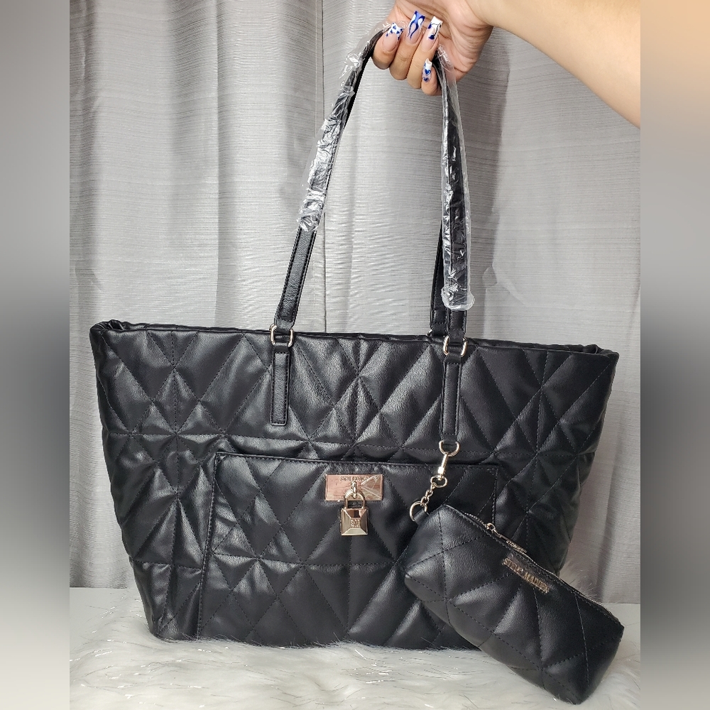 STEVE MADDEN black quilted blina tote shoulder bag
